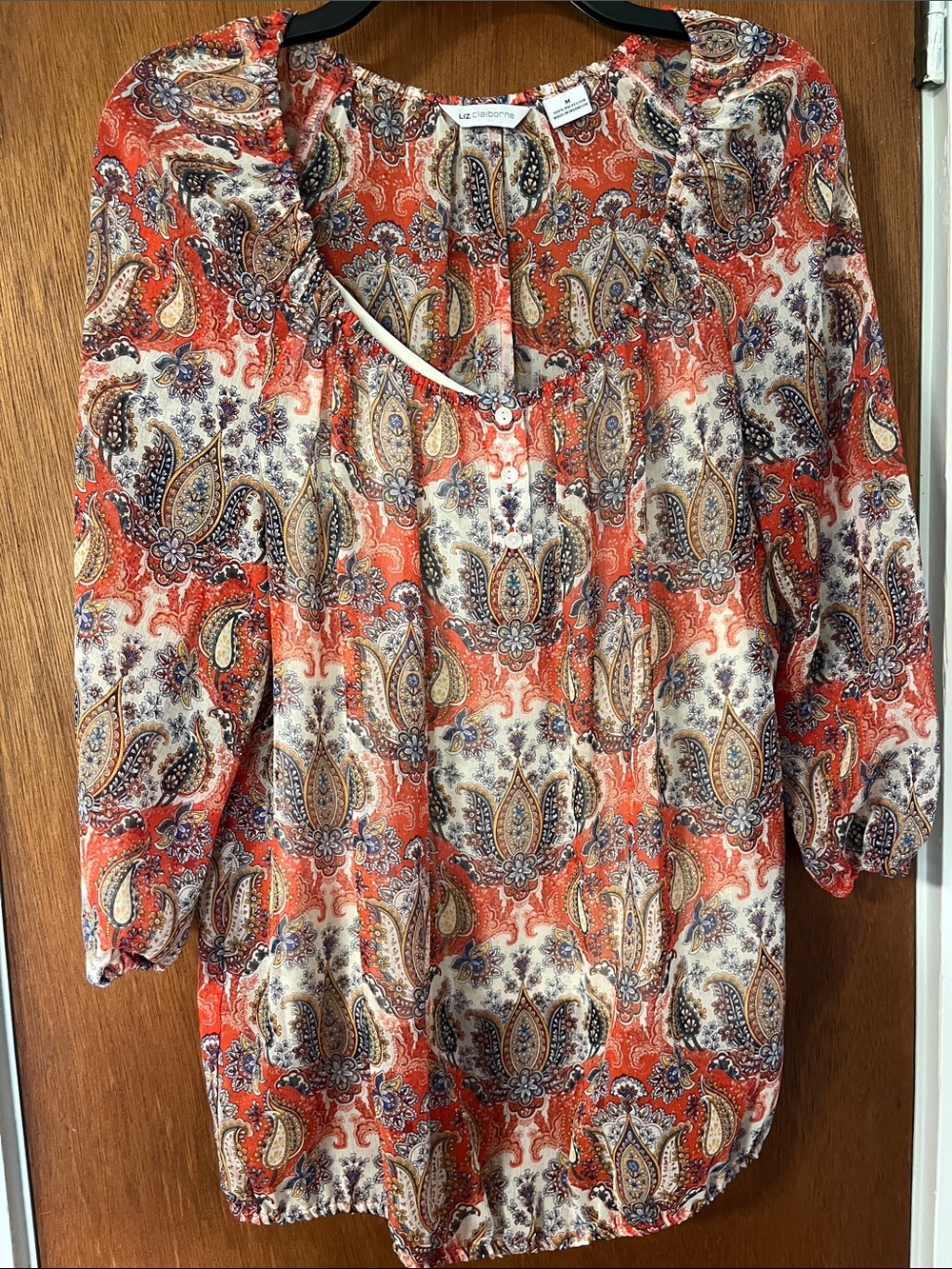 Liz Claiborne Red Paisley Scoop-Neck Blouse with Cream & Navy Accents